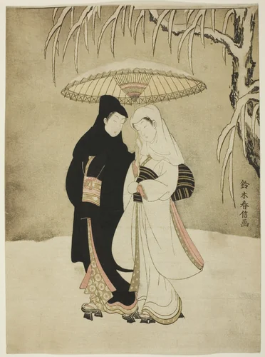 Lovers Beneath an Umbrella in the Snow by Suzuki Harunobu (鈴木春信), print, 1762-1772