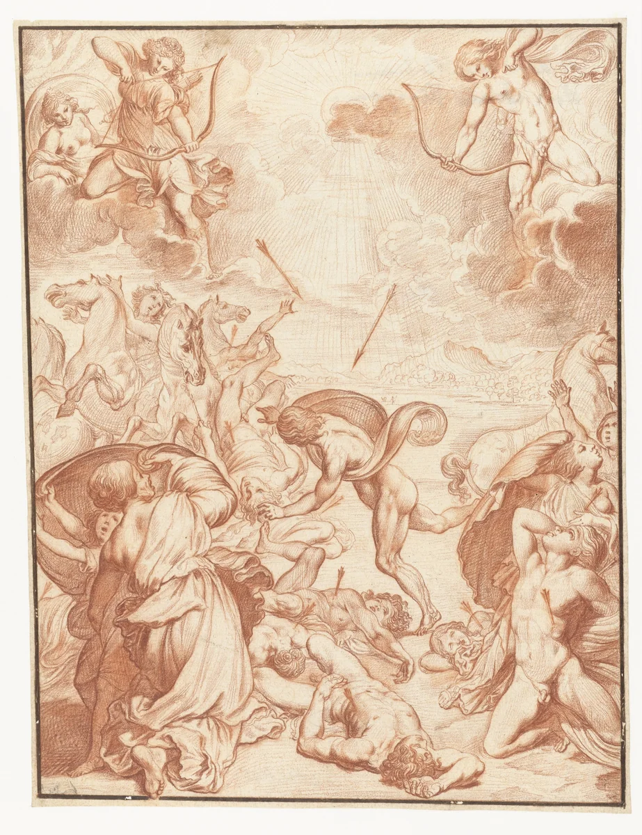 Apollo en Diana doden de kinderen van Niobe by Ludovicus Finsonius, drawing, 1580-1617