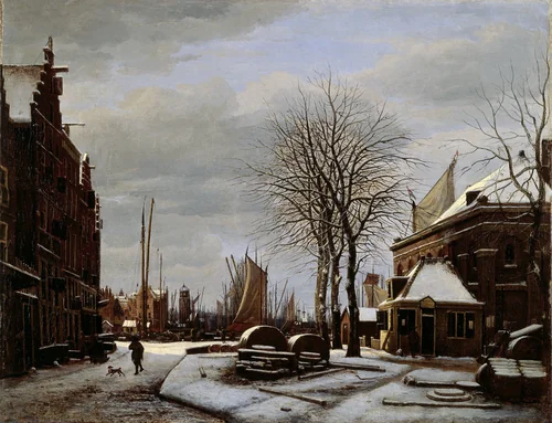 Slijpsteenmarkt (Whetstone Market) in Amsterdam with the Building 'Het Zeerecht' in Winter (The Slypsteenen at Amsterdam) by George Pieter Westenberg, painting, 1817