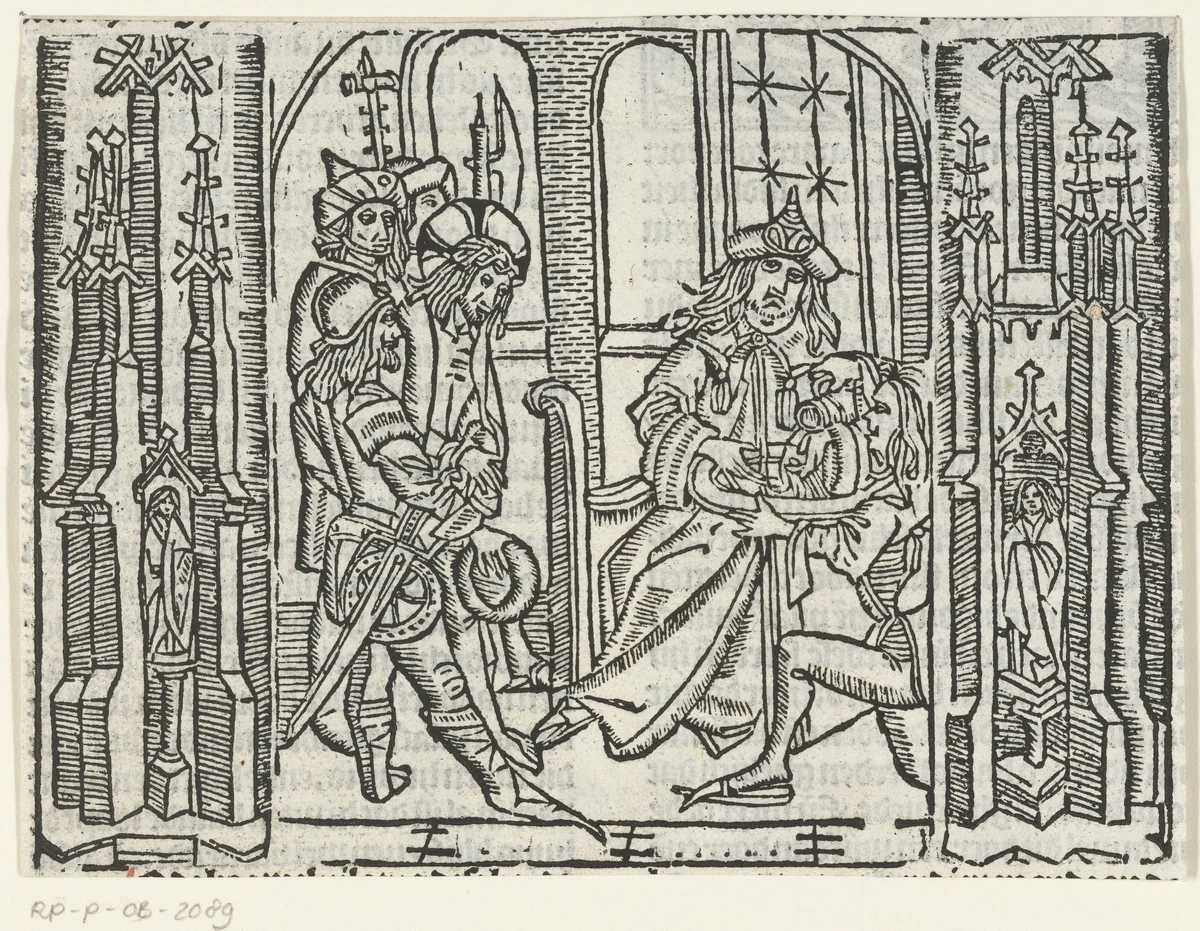 Christus voor Pilatus; Pilatus wast zijn handen by Unknown, print, 1480-1500