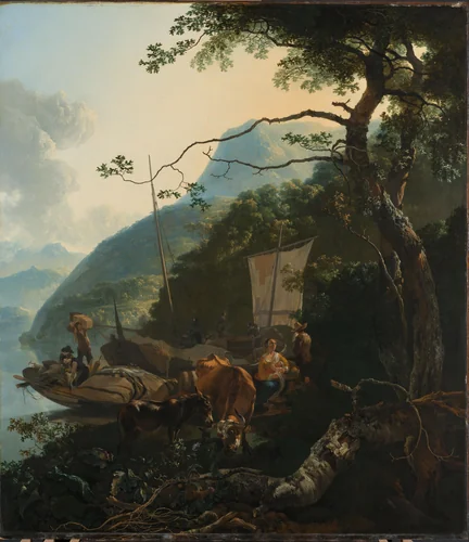 Boatmen Moored on the Shore of an Italian Lake by Adam Pijnacker, painting, 1650-1670
