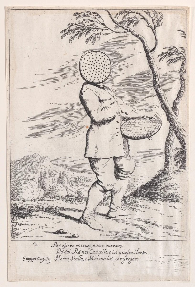 Plate 2: Bertoldo holding a tart in his hand and wearing a sieve on his head, from "Bertoldo, Bertoldino, and Cacasenno" by Giuseppe Maria Crespi, print, 1705-1715