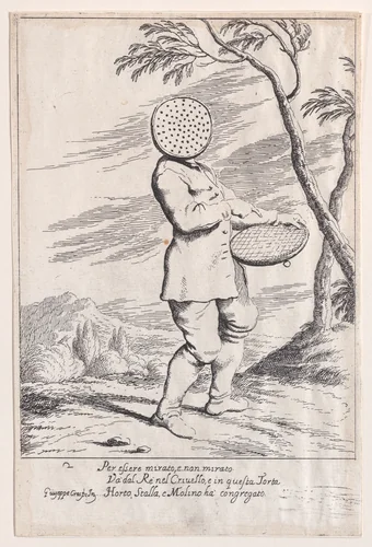 Plate 2: Bertoldo holding a tart in his hand and wearing a sieve on his head, from "Bertoldo, Bertoldino, and Cacasenno" by Giuseppe Maria Crespi, print, 1705-1715