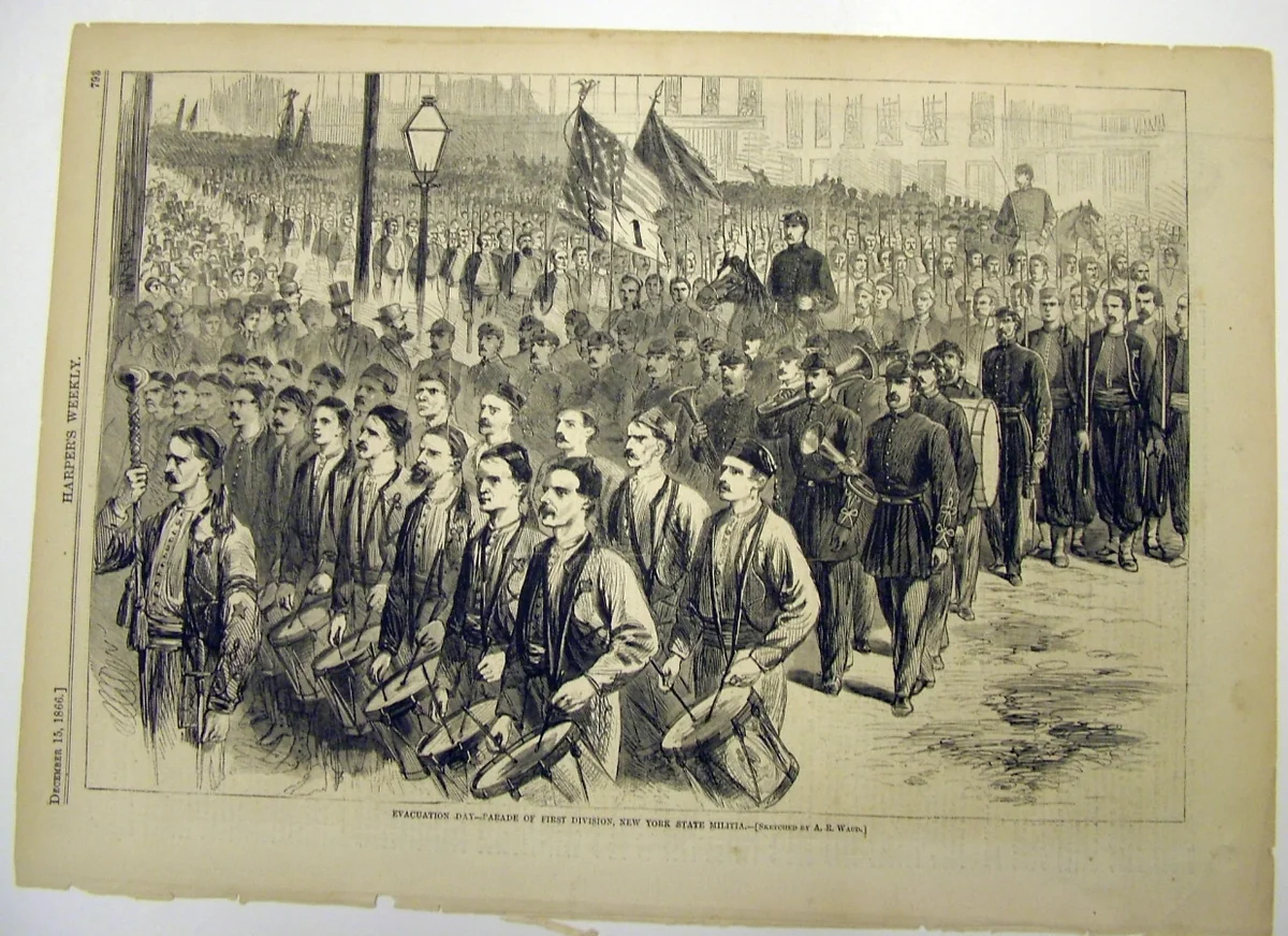 Evacuation Day Parade of First Division, New York State Militia, newspaper illustration by Alfred Rudolf Waud, other, 1866