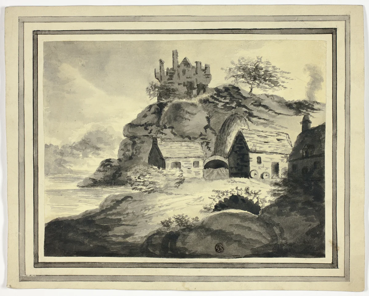 Farm with Overhanging Rock and Castle by Unknown Artist, drawing, 1800-1899
