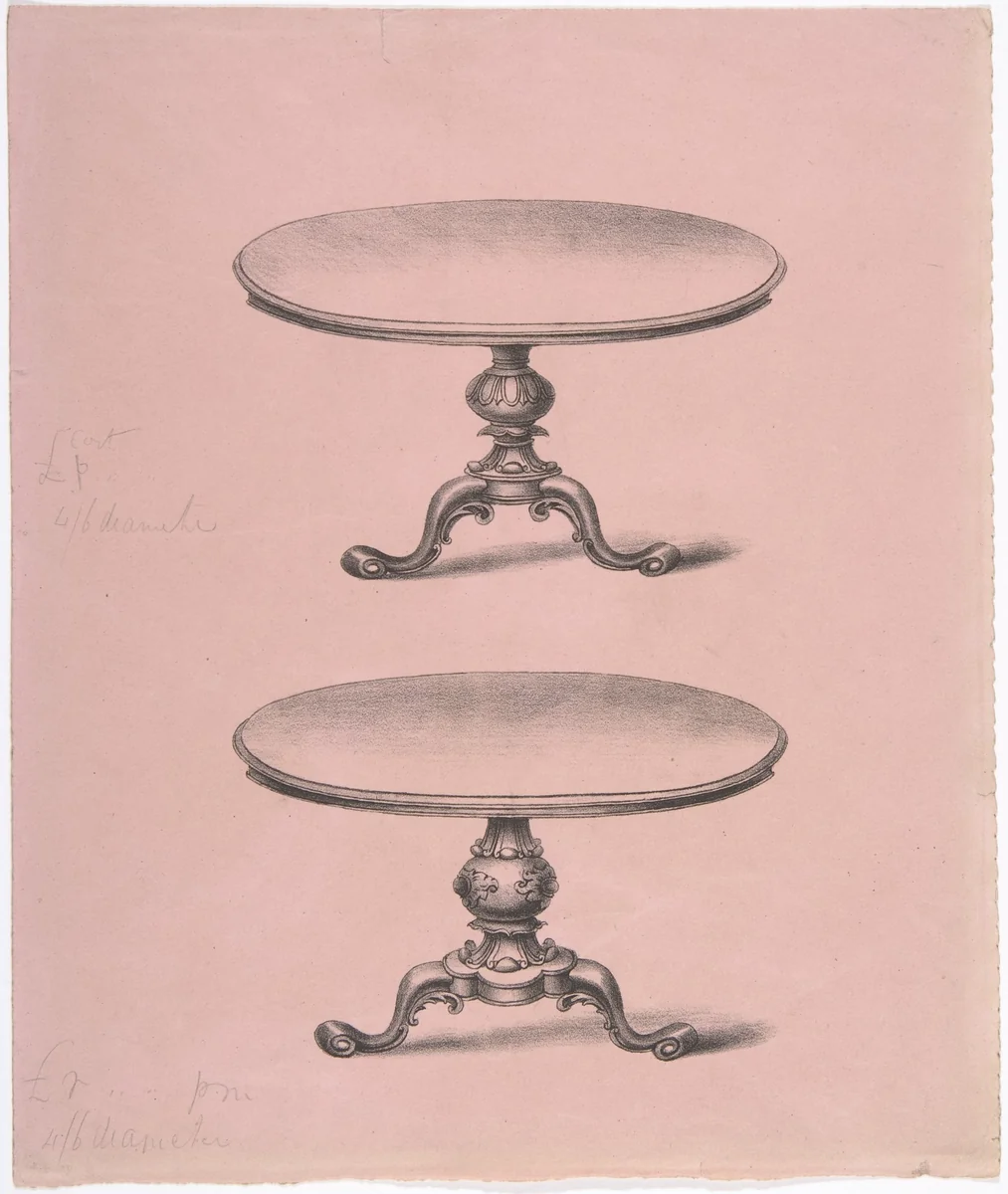 Design for Two Round-topped Pedestal Tables by anonymous, drawing, 1825-1835