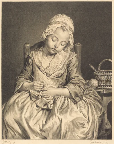 La tricoteuse endormie by Jean-Baptiste Greuze, print, 1765