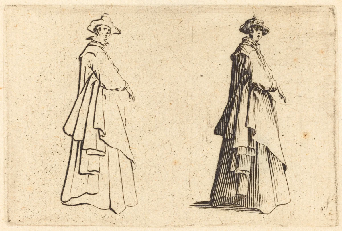Lady in a Large Coat by Jacques Callot, print, 1622