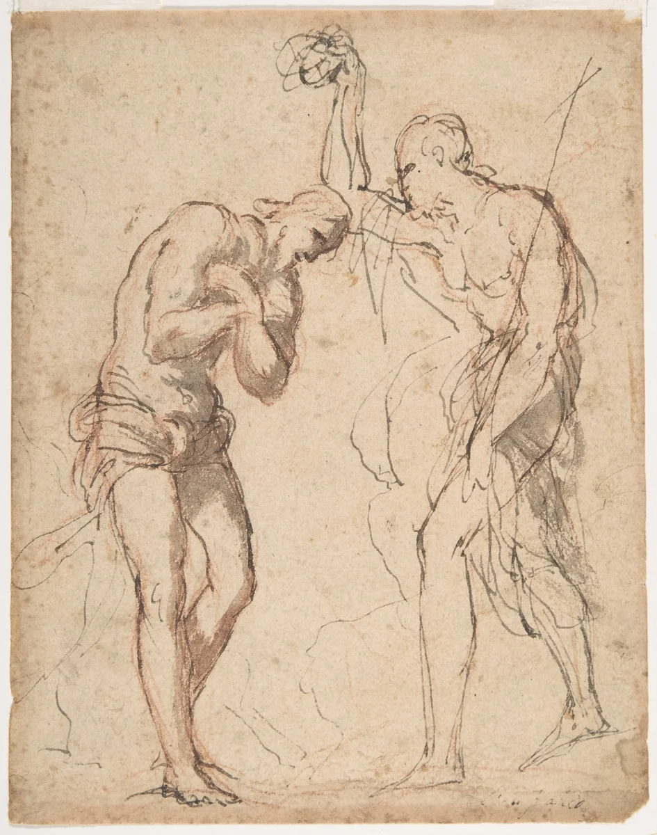 The Baptism of Christ (recto); Kneeling Figure (?) in a Landscape (verso) by Micco Spadaro, drawing, 1612-1675