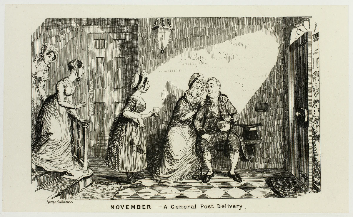 November - A General Post Delivery in Opposition from George Cruikshank's Steel Etchings to The Comic Almanacks: 1835-1853 by George Cruikshank, print, 1839
