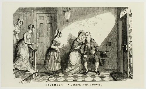November - A General Post Delivery in Opposition from George Cruikshank's Steel Etchings to The Comic Almanacks: 1835-1853 by George Cruikshank, print, 1839