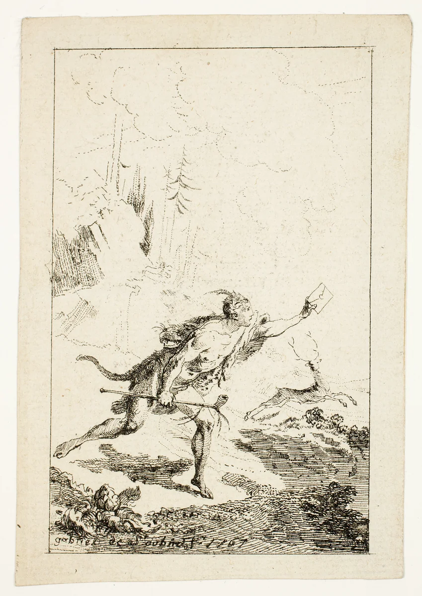 Messenger Sent to M. Saint-Denis, by M. Belle-Isle, Prisoner, plate three from Les Nouveaux Voyages aux Indes Occidentales by Gabriel Jacques de Saint-Aubin, print, 1767