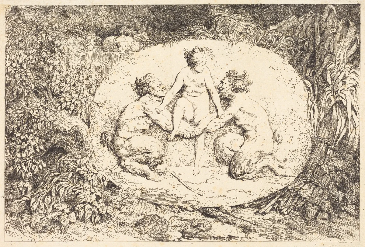 Nymph Supported by Two Satyrs (Nymphe s'asseyant sur les mains de deux satyres) by Jean Honoré Fragonard, print, 1763