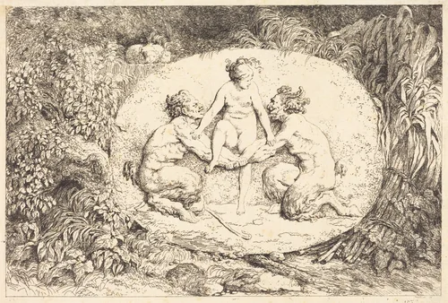 Nymph Supported by Two Satyrs (Nymphe s'asseyant sur les mains de deux satyres) by Jean Honoré Fragonard, print, 1763