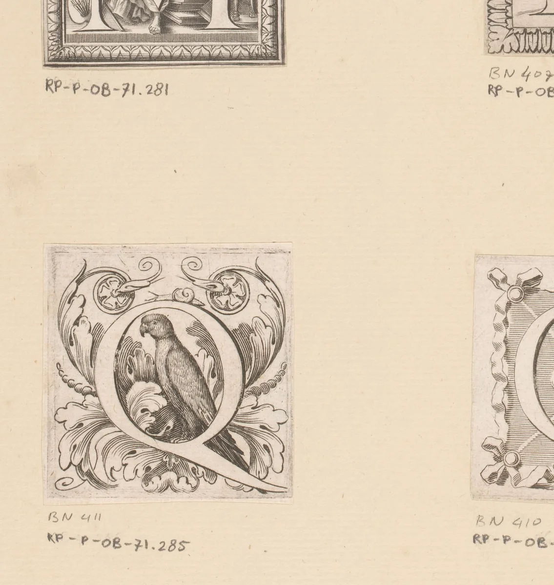 Letter Q met parkiet by Claude Mellan, print, 1639-1643