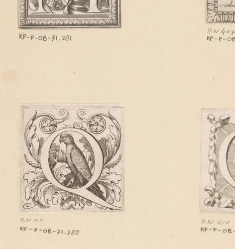 Letter Q met parkiet by Claude Mellan, print, 1639-1643