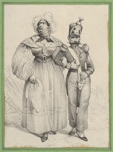 Soldier with a woman on his arm by Victor Adam, print, 1820-1866