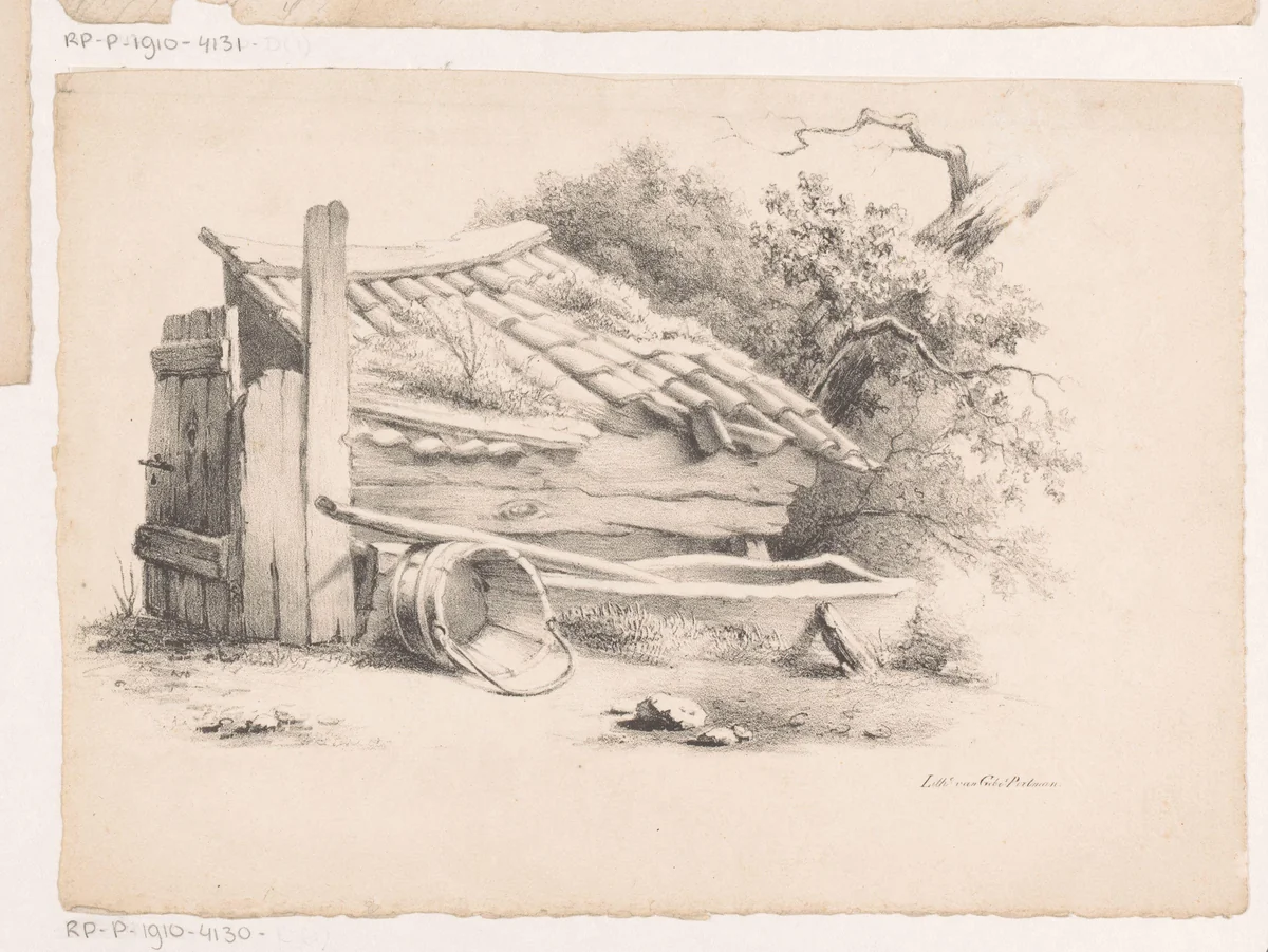 Schuur in landschap by anonymous, print, 1827-1828