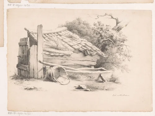 Schuur in landschap by anonymous, print, 1827-1828