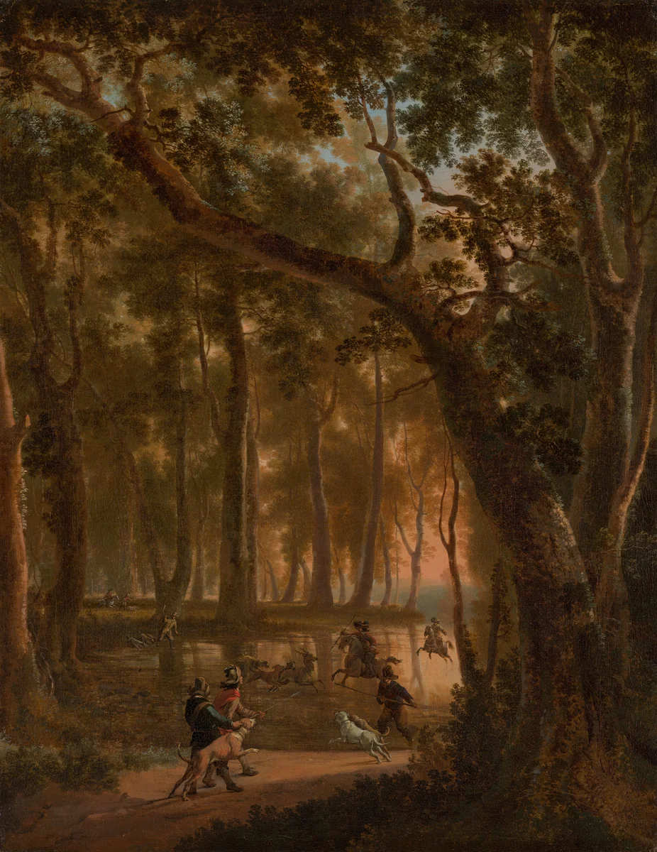 Deer Hunt in a Forest by Jan Hackaert, painting, 1660