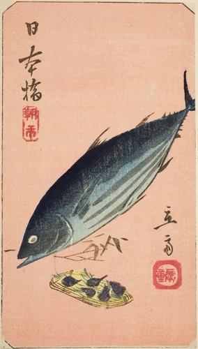 Morning Market at Nihon Bridge (Nihonbashi, asaichi), section of a sheet from the series "Cutouts of Famous Places in Edo (Harimaze Koto meisho)" by Utagawa Hiroshige (歌川広重), print, 1852