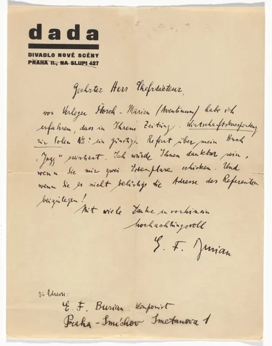 Dada Podívaná Letterhead (Letter from E.F. Burian) by Unidentified Designer, design, 1928