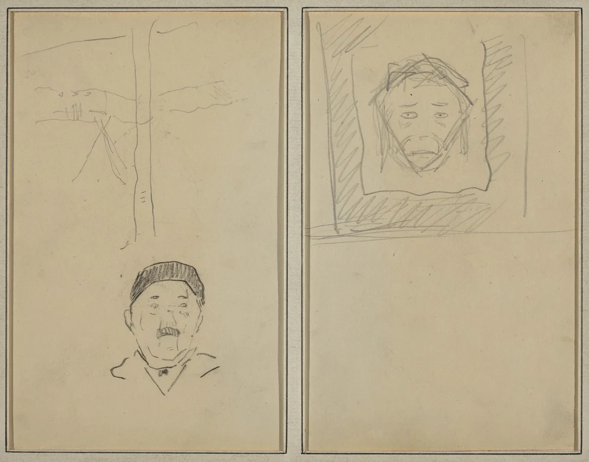 Landscape and Head of Man; Head of Monkey Inside a Square [recto] by Paul Gauguin, drawing, 1884-1888