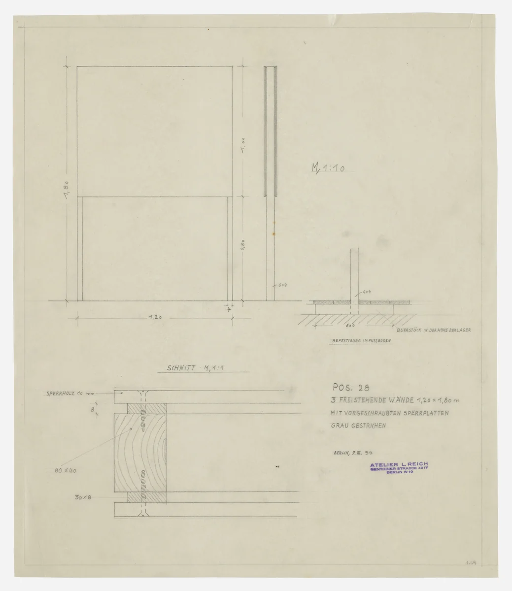 German People - German Work Exhibit, Berlin, Germany (Three free-standing walls. Front and lateral elevations, and two sections) by Lilly Reich, mies van der rohe archive, 1934