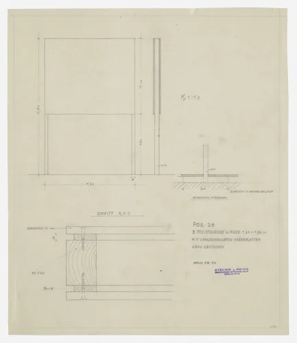 German People - German Work Exhibit, Berlin, Germany (Three free-standing walls. Front and lateral elevations, and two sections) by Lilly Reich, mies van der rohe archive, 1934