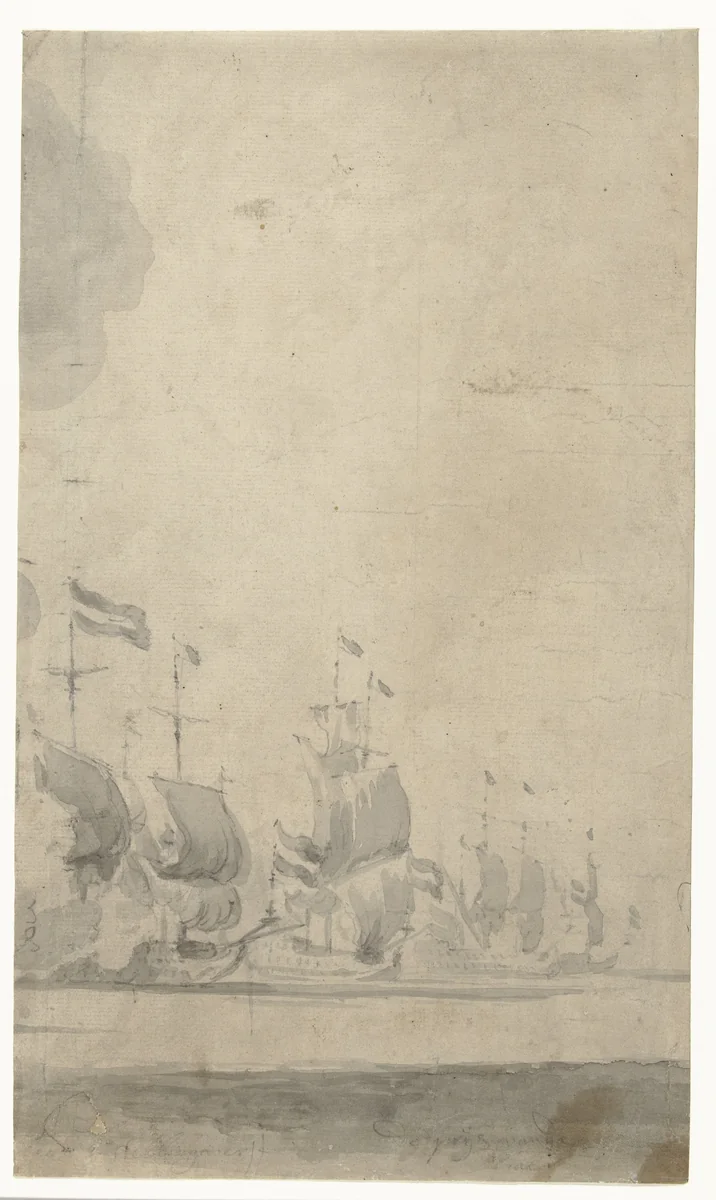 Zeeslag bij Lowestoft op 13 Juni 1665 by Willem van de Velde, drawing, 1665