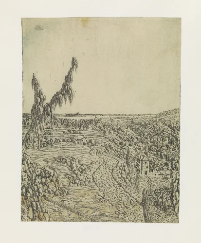 Landscape with a Plateau, a River in the Distance by Hercules Segers, print, 1622-1625