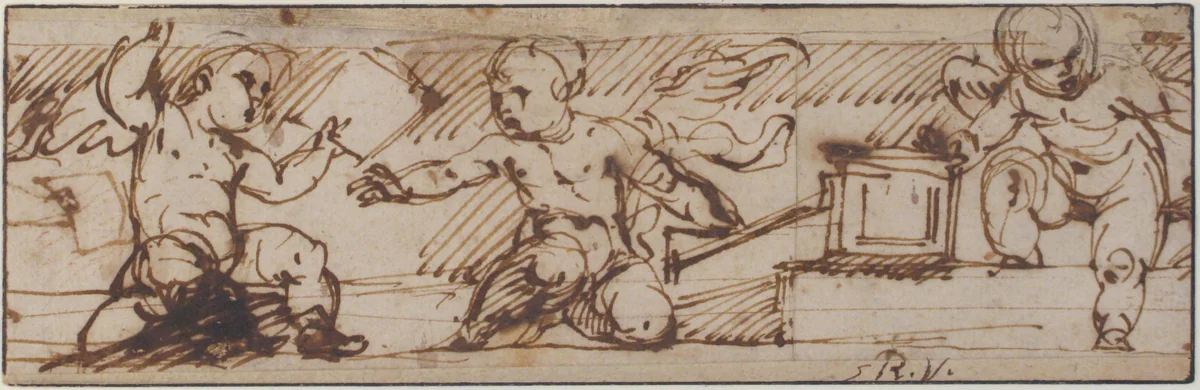 Putti with a Small Keyboard Instrument and Music Books by Daniele Crespi, drawing, 1597-1630