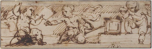 Putti with a Small Keyboard Instrument and Music Books by Daniele Crespi, drawing, 1597-1630