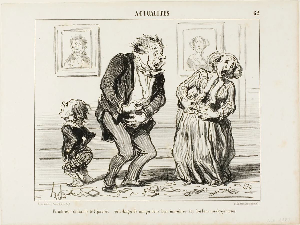 The Interior of a Family on January 2 - or the Danger of Consuming Immoderately Non-Hygienic Sweets, plate 62 from Actualités by Honoré-Victorin Daumier, print, 1853