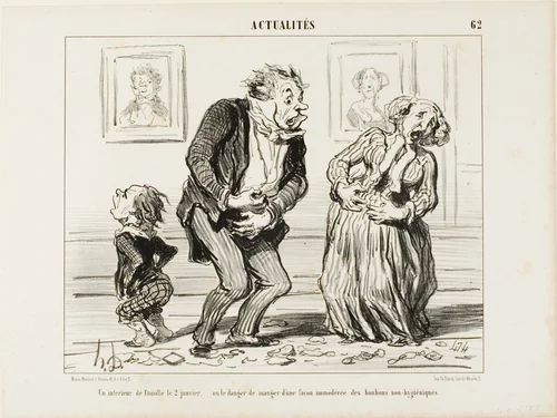 The Interior of a Family on January 2 - or the Danger of Consuming Immoderately Non-Hygienic Sweets, plate 62 from Actualités by Honoré-Victorin Daumier, print, 1853