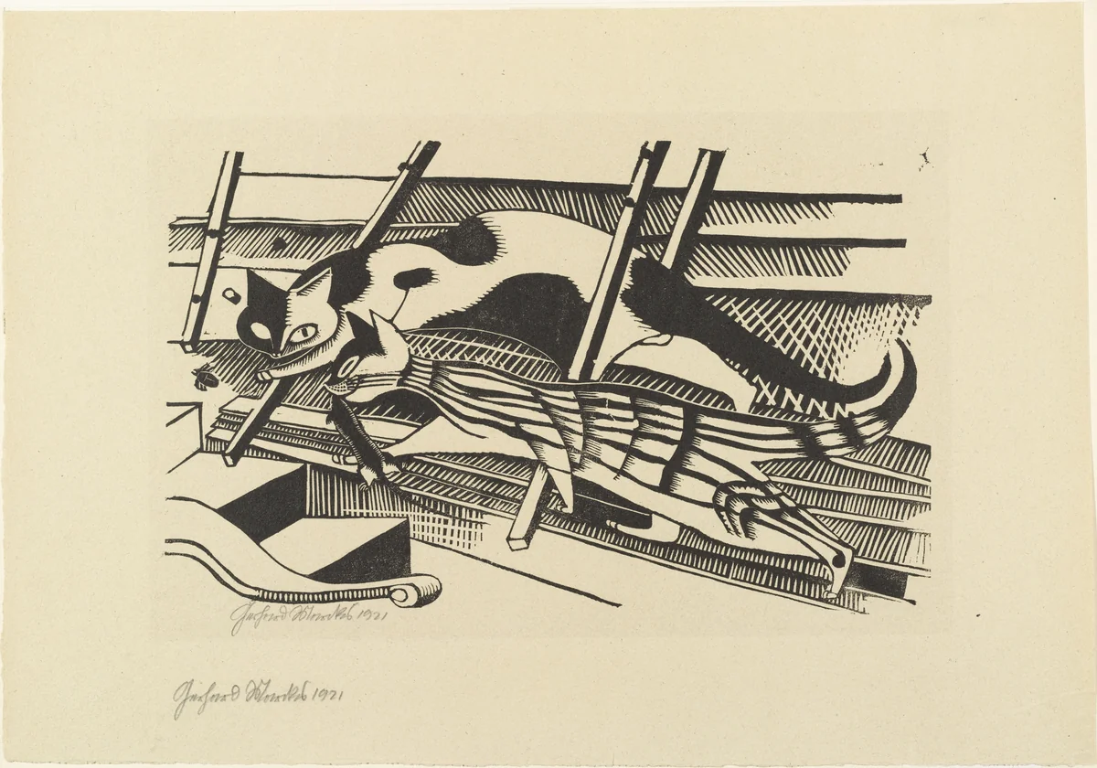 Cats (Die Katzen) from the portfolio New European Graphics, 1st Portfolio: Masters of the State Bauhaus, Weimar , 1921 (Neue europäische Graphik, 1. Mappe: Meister des Staatlichen Bauhauses in Weimar , 1921) by Gerhard Marcks, print, 1921