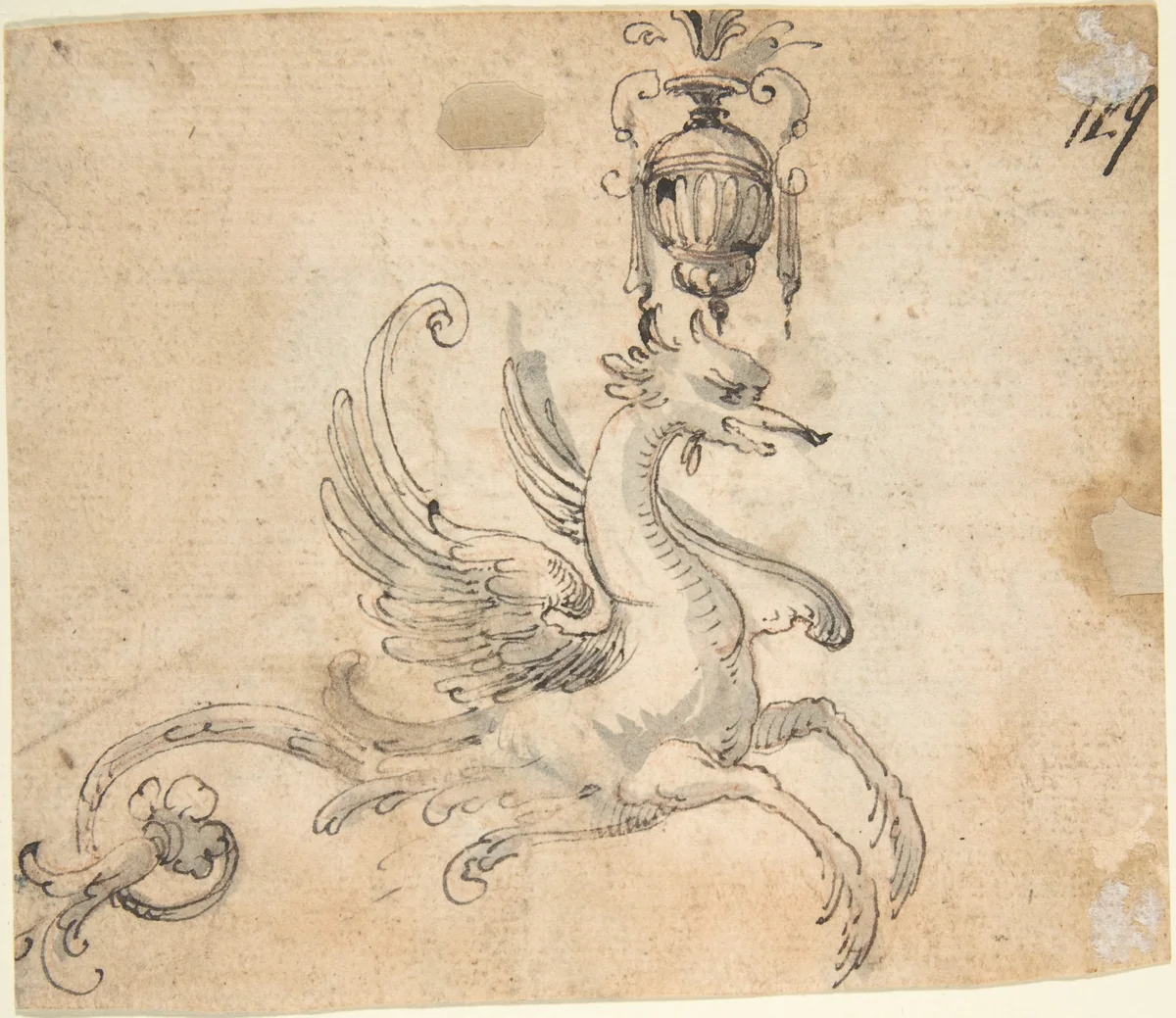 Winged Hippocamp supporting a Vase (recto); Figure Studies and Architectural Design (verso) by anonymous, drawing, 1500-1630