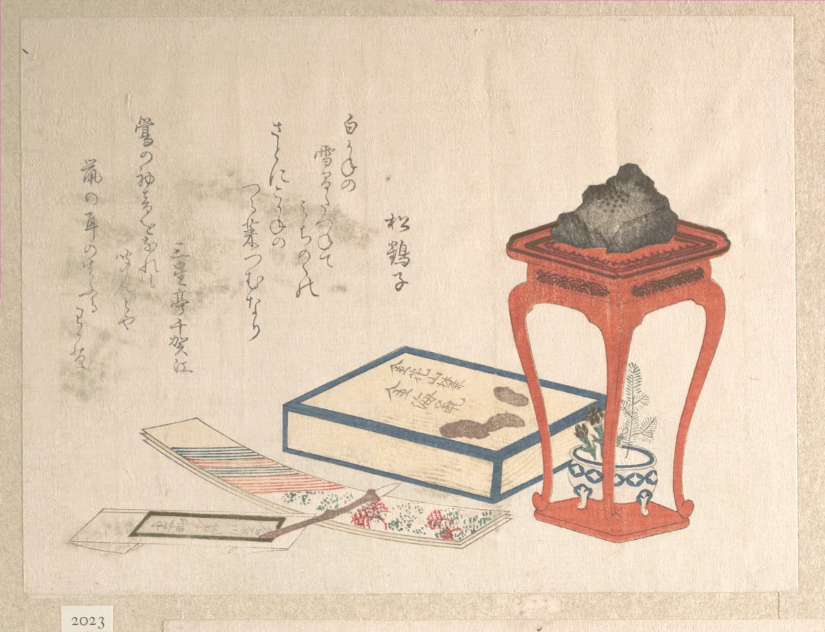 Stand, Box and Writing-Paper by Ryūryūkyo Shinsai (柳々居辰斎), print, 1816
