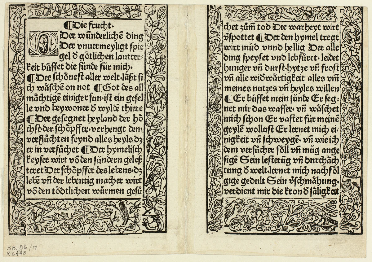 Devotional passages with ornamental borders from Andächtig Zeitglöcklein des Leben und Leidens Christi, Plate 17 from Woodcuts from Books of the 15th Century by Unknown Artist, print, 1493