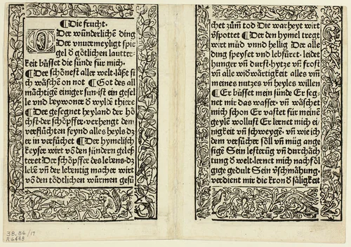 Devotional passages with ornamental borders from Andächtig Zeitglöcklein des Leben und Leidens Christi, Plate 17 from Woodcuts from Books of the 15th Century by Unknown Artist, print, 1493