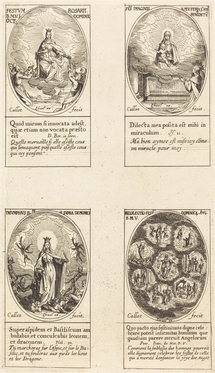 Our Lady of the Rosary; Virgin and Child Appearing in a Cloud; Triumphant Virgin; Collection of the Feasts Dedicated to the Life of the Virgin by Jacques Callot, print, 1627-1637