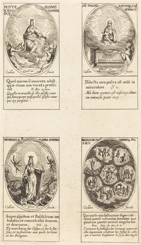 Our Lady of the Rosary; Virgin and Child Appearing in a Cloud; Triumphant Virgin; Collection of the Feasts Dedicated to the Life of the Virgin by Jacques Callot, print, 1627-1637
