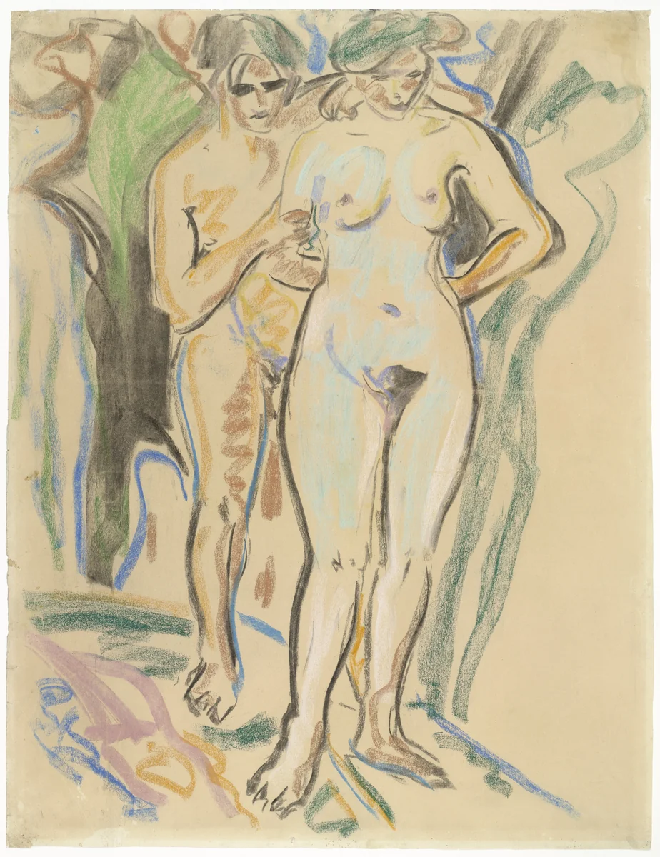 Two Nudes in a Landscape (Zwei Akte im Freien) by Ernst Ludwig Kirchner, drawing, 1908