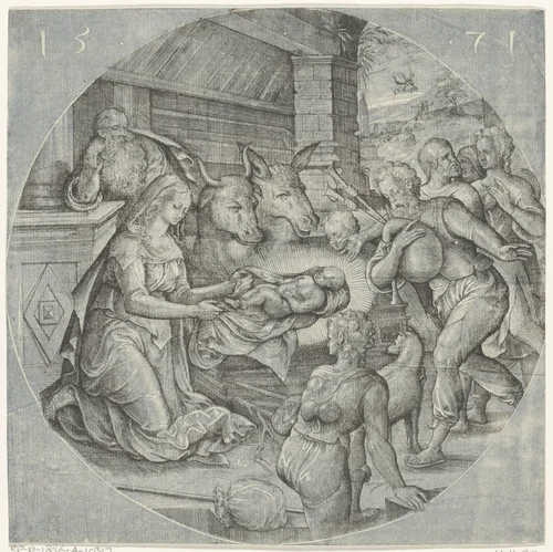 Aanbidding door de herders by Unknown, print, 1571