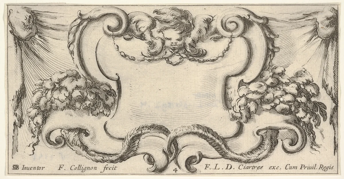 Plate 4: a cartouche with the head of a cherub at top center, leaves and flowers to either side, from "Twelve cartouches" (Recueil de douze cartouches) by François Collignon, print, 1640-1645