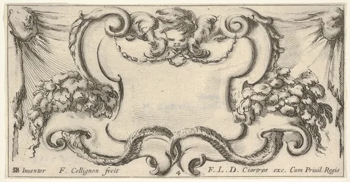 Plate 4: a cartouche with the head of a cherub at top center, leaves and flowers to either side, from "Twelve cartouches" (Recueil de douze cartouches) by François Collignon, print, 1640-1645
