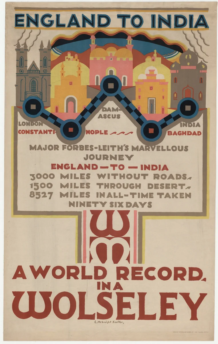 England to India, A World Record in a Wolseley by E. McKnight Kauffer, design, 1925