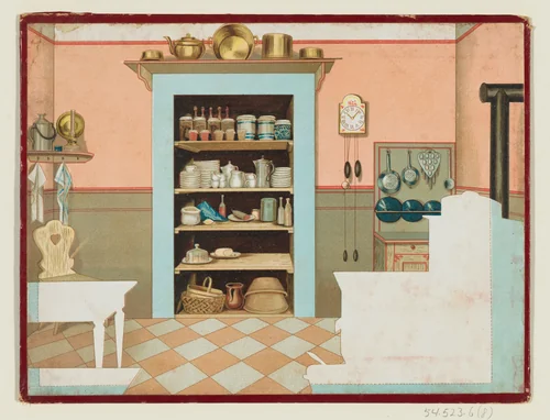 Kitchen Background, from Dolly at Home by anonymous, print, 1845-1895