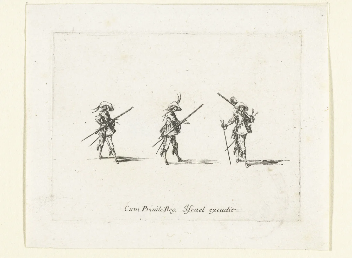 Exercities met een musket: dragen van musket, lont en furket by Jacques Callot, print, 1635