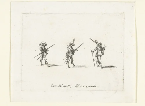 Exercities met een musket: dragen van musket, lont en furket by Jacques Callot, print, 1635